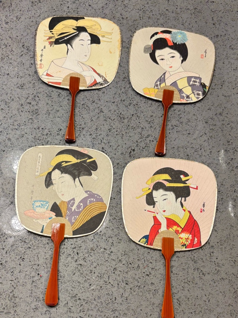 4 Vintage Japanese Paddle Fans Wooden Handles